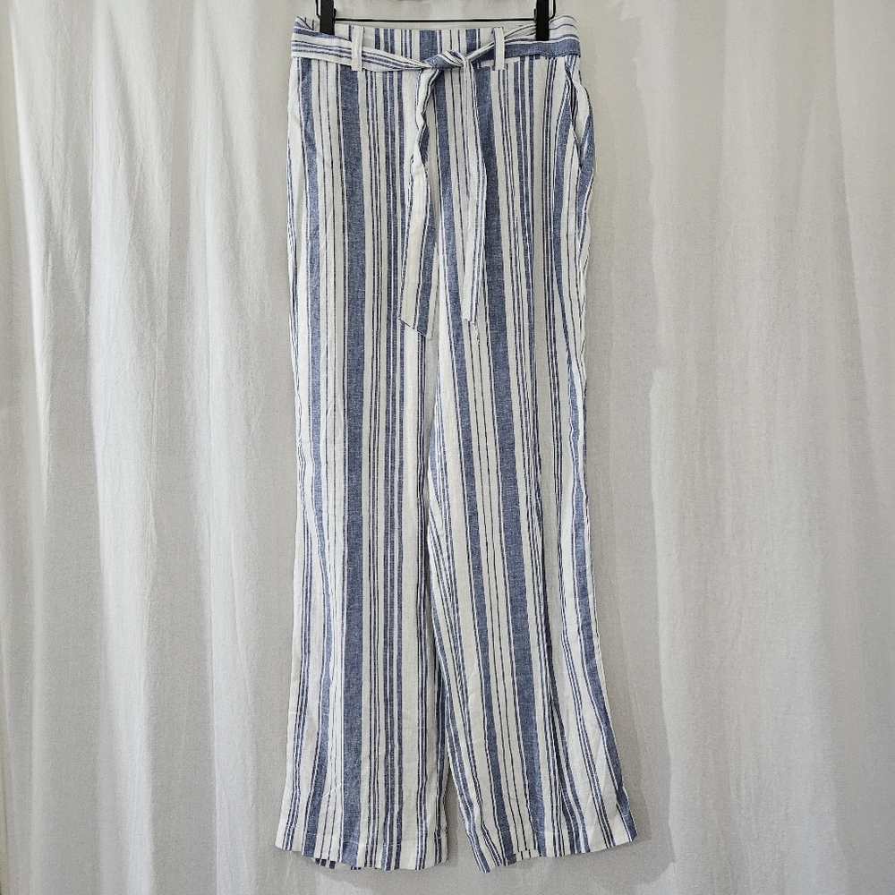 land ‘n sea Belted Linen Pants in Blue & White Stripes Women’s Size M